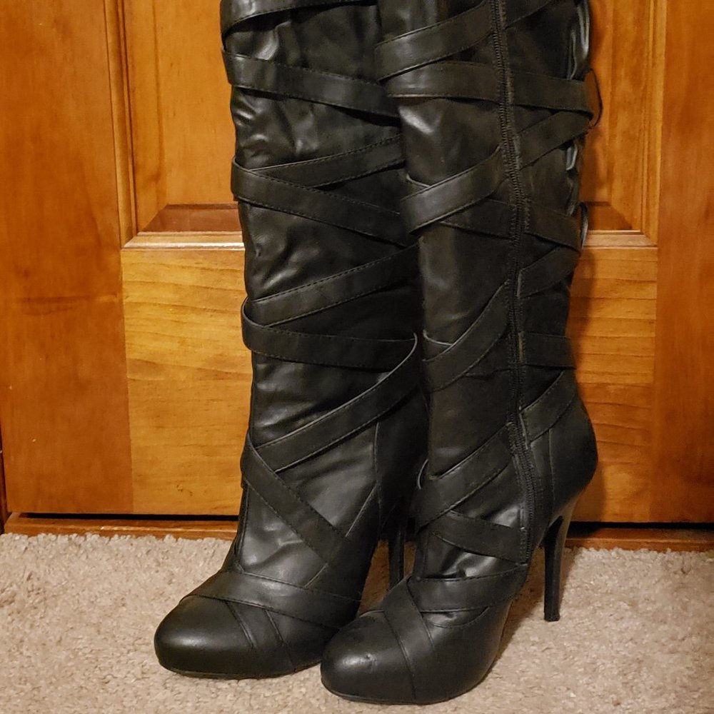 Over-knee strap high-heeled boots
